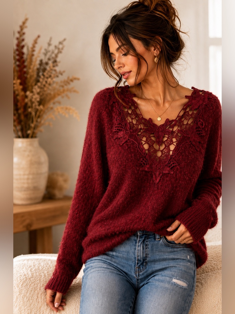 BKE Cabernet Red Eyelash Knit Crochet Lace V-Neck Sweater Boho NWT Small